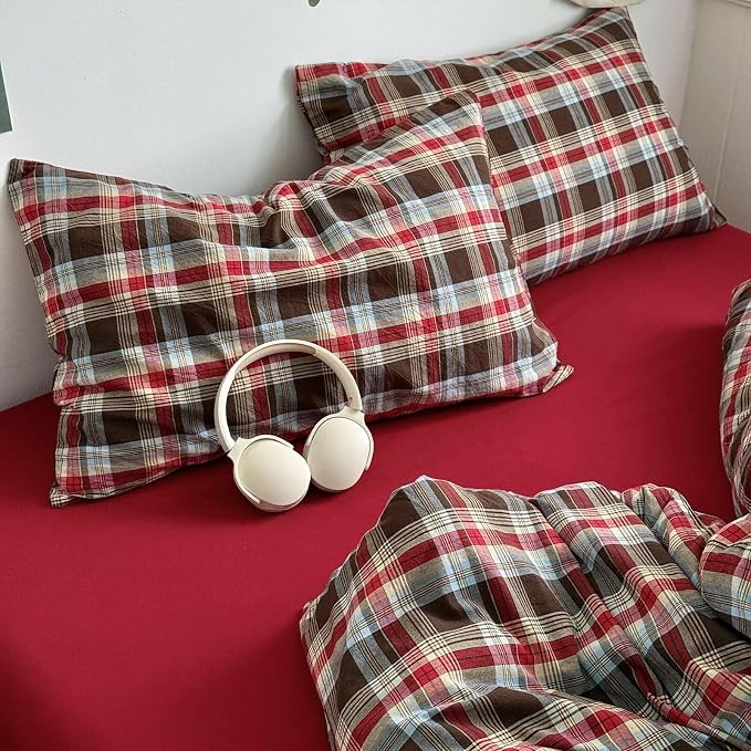 mixinni Vintage Red & Brown Buffalo Plaid Duvet Cover Set Twin XL Size - Image 6