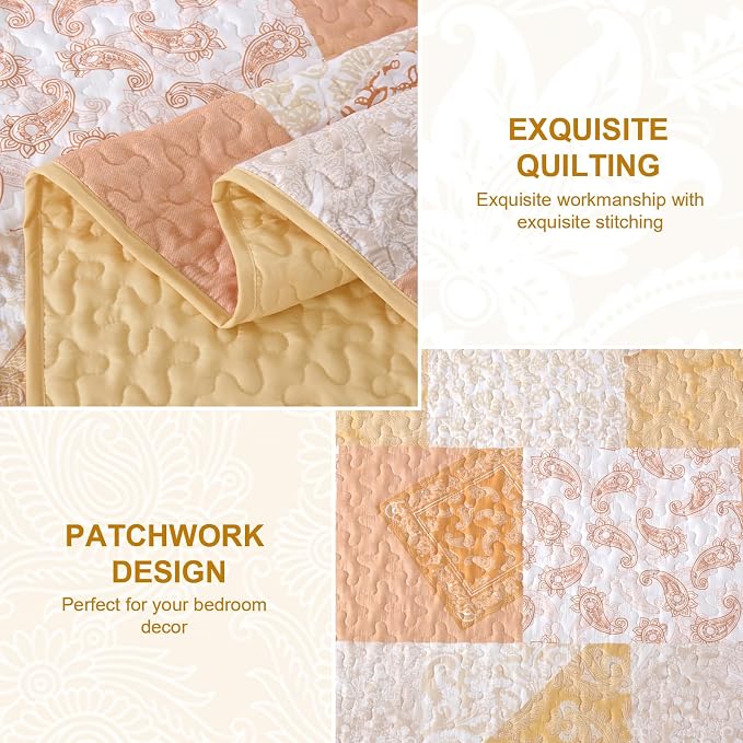 Mybedsoul Yellow Patchwork Quilts Queen Size, Soft Paisley Floral Queen - Image 4