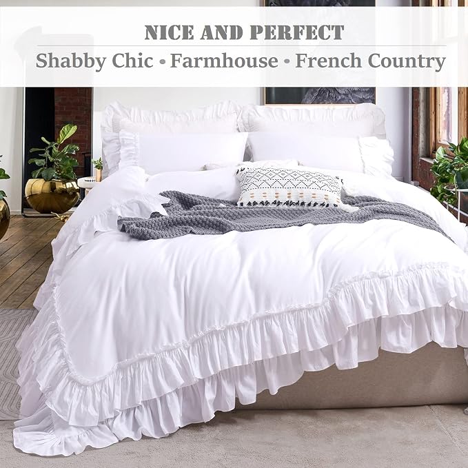 QSH Ruffle White Duvet Cover King Size-Washed Cotton Shabby Farmhouse Chic - Image 2