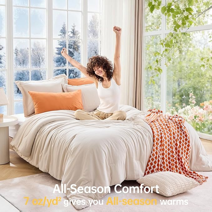 MUXHOMO Beige Oversized Queen Comforter Sets, All Season Ultra Soft Down - Image 4