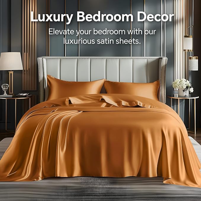 BEDELITE California King Sheets Set, Luxury Soft Burnt Orange Satin Sheets - Image 2