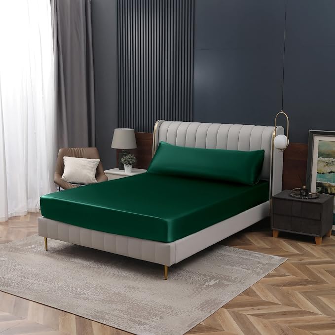 Homiest Blackish Green Satin Fitted Sheet Queen Size, Deep Pocket, Luxury & - Image 7