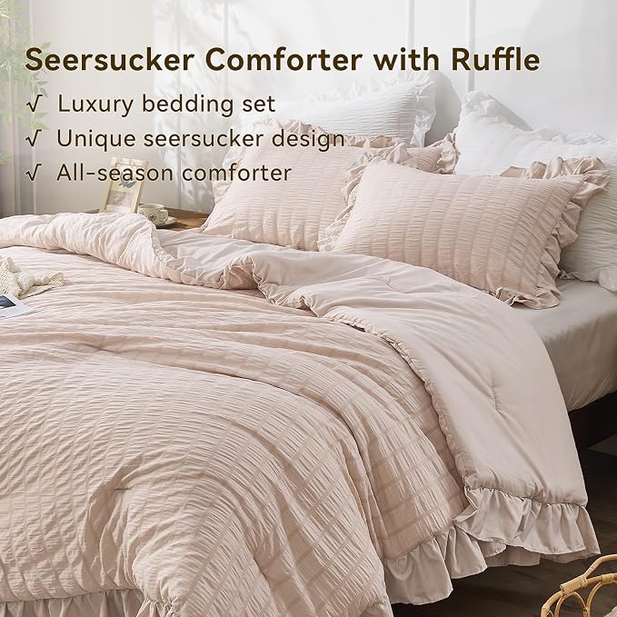 JOLLYVOGUE Beige Twin Size Comforter Set, 2 Pieces Seersucker Lightweight - Image 3
