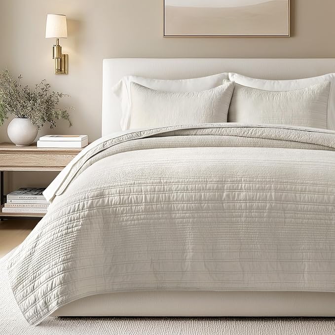 EVERGRACEHOME 100% Cotton Modern Lines Quilt Set Queen Size, Pre-Washed Soft by EVERGRACEHOME