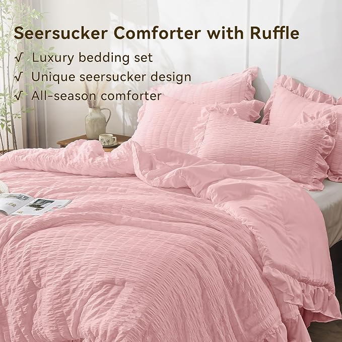 JOLLYVOGUE Pink Comforter Full Size, 3 Pieces Seersucker Lightweight Full Size - Image 3