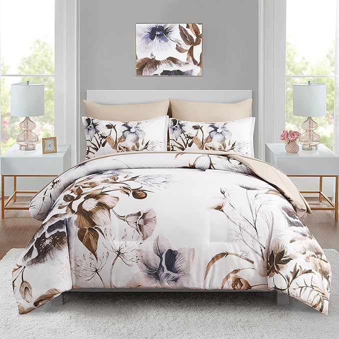 Luxudecor Floral Comforter Set Queen Size 7 Piece, Elegant Floral Comforter by Luxudecor
