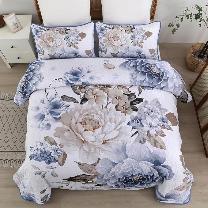 WONGS BEDDING Floral Quilt Set 3 Pieces Blue Quilted Printed Bedspreads Bedding - Image 2