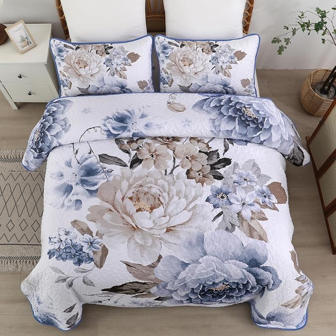 WONGS BEDDING Floral Quilt Set Blue California King Size 3 Pieces Elegant - Image 3