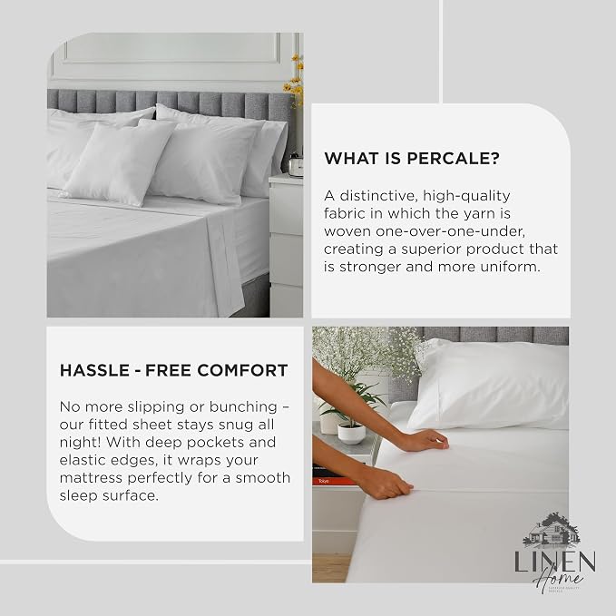Linen Home 100% Cotton Percale Weave Fitted Sheet, Queen Size, Dove Grey - Image 4