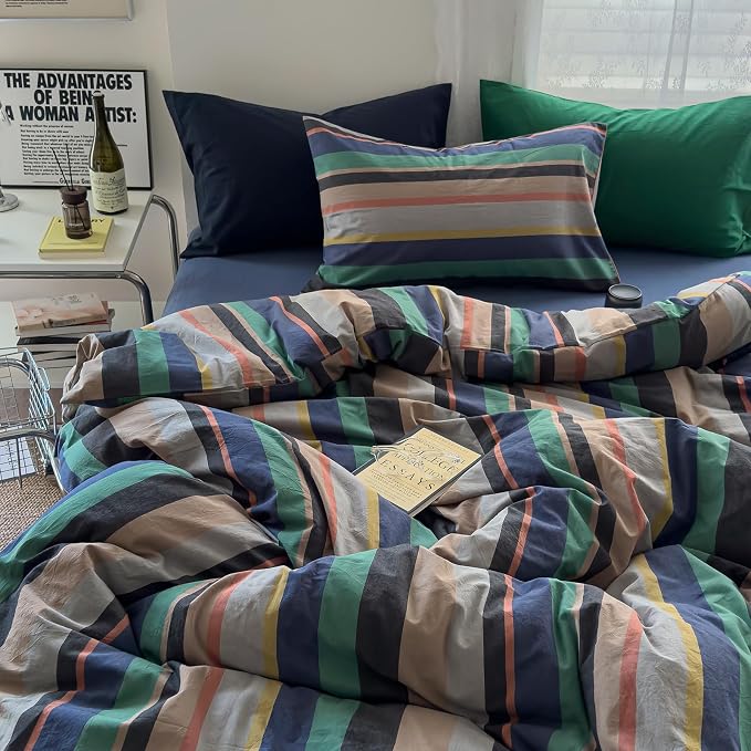 mixinni Blue Striped Duvet Cover Twin Size 100% Washed Cotton 3 Pcs Vintage - Image 2
