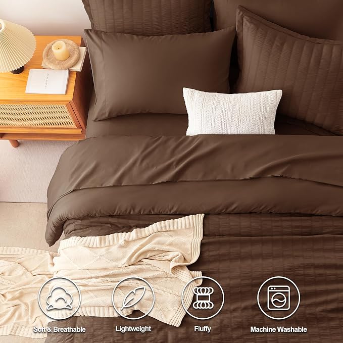 CozyLux King Size Comforter Set Brown Seersucker 7 Pieces Bed in a Bag King - Image 2