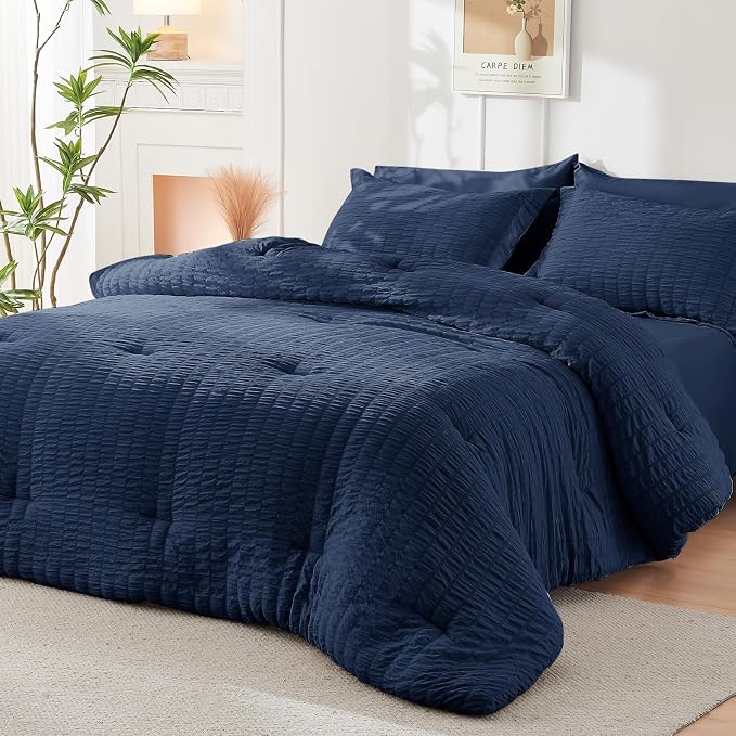 HYMOKEGE Navy Blue Full Size Comforter Sets Seersucker 7 Pieces, All Season - Image 8