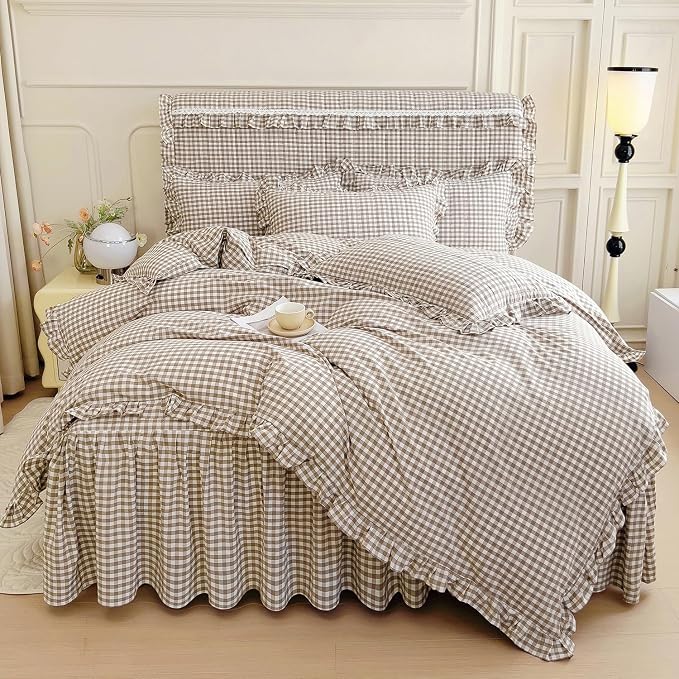 mixinni Tan Gingham Ruffle Duvet Cover Twin Size 3 Pieces – 100% Washed Cotton by mixinni