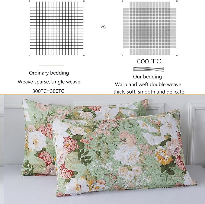 FADFAY Girls Floral Duvet Cover Set Twin 100% Cotton Bedding 600 TC Mint Green - Image 3