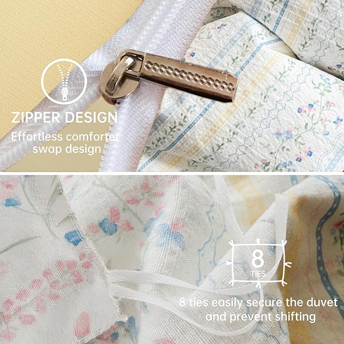 BOLINLIVING Vintage Floral Duvet Cover Full Size, Reversible Blue Striped - Image 4