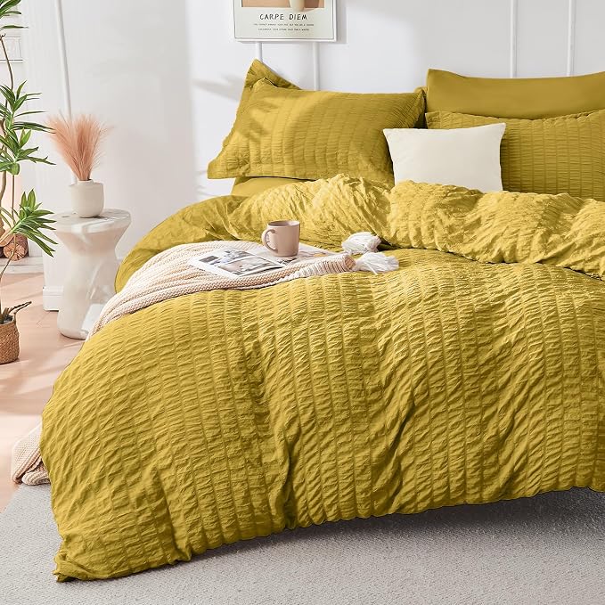 HYMOKEGE Mustard Yellow Duvet Cover Queen Size, Ultra Soft 3-Piece Seersucker by HYMOKEGE