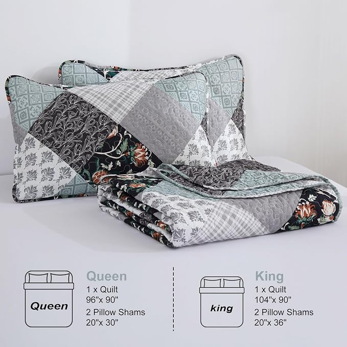 Xruibed Floral Plaid Patchwork Quilt Set Queen Size 3 Pieces Blue Gray - Image 7