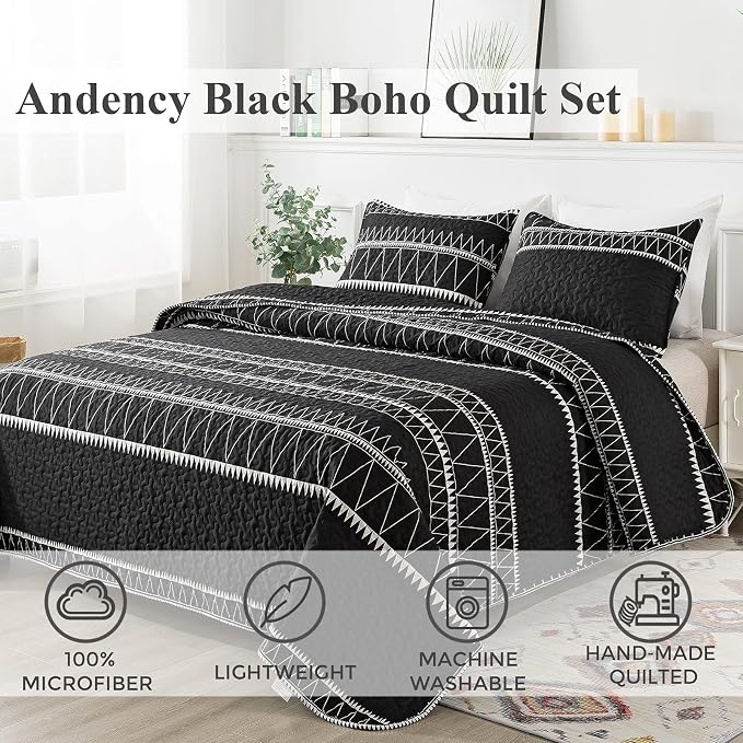Andency Black Oversized King Quilt Set, 3 Pieces Boho Lightweight Soft Striped - Image 2
