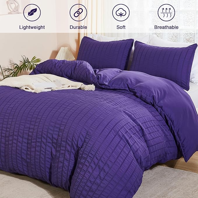 AveLom Seersucker Duvet Cover Set Queen Size, 3 Pieces, Dark Purple Ultra Soft - Image 2