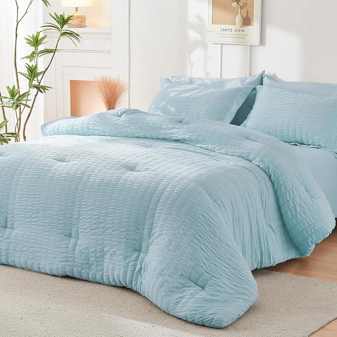 HYMOKEGE Lake Blue California King Comforter Set Seersucker 7 Pieces, All - Image 8