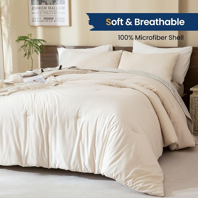 Paxrac Beige Comforter Set Queen Size, Cream 3 Pieces Comforter Set, - Image 2