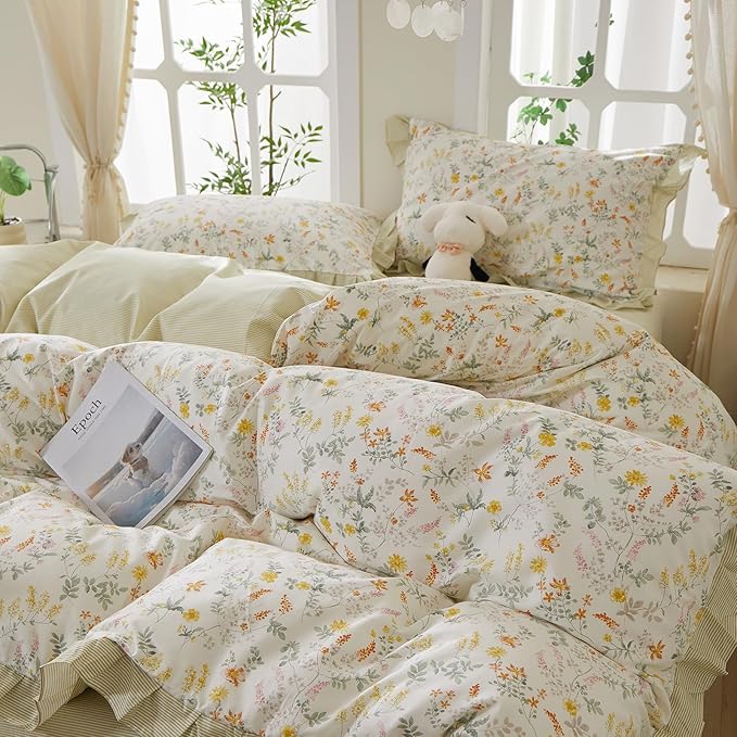mixinni 100% Cotton Duvet Cover Set King, Reversible Spring Floral Ruffle Green - Image 2