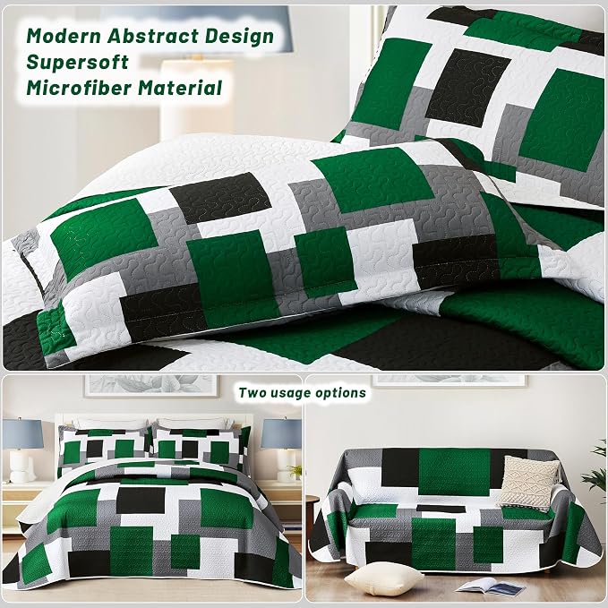 Tyrot 3 Piece Green Quilt Set King Size Green Black White Geometric Reversible - Image 3