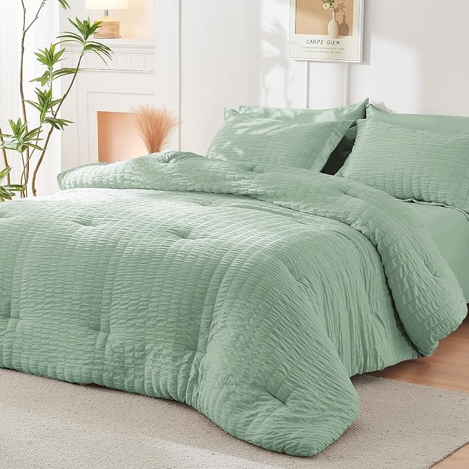 HYMOKEGE Sage Green California King Comforter Set Seersucker 7 Pieces, All - Image 8