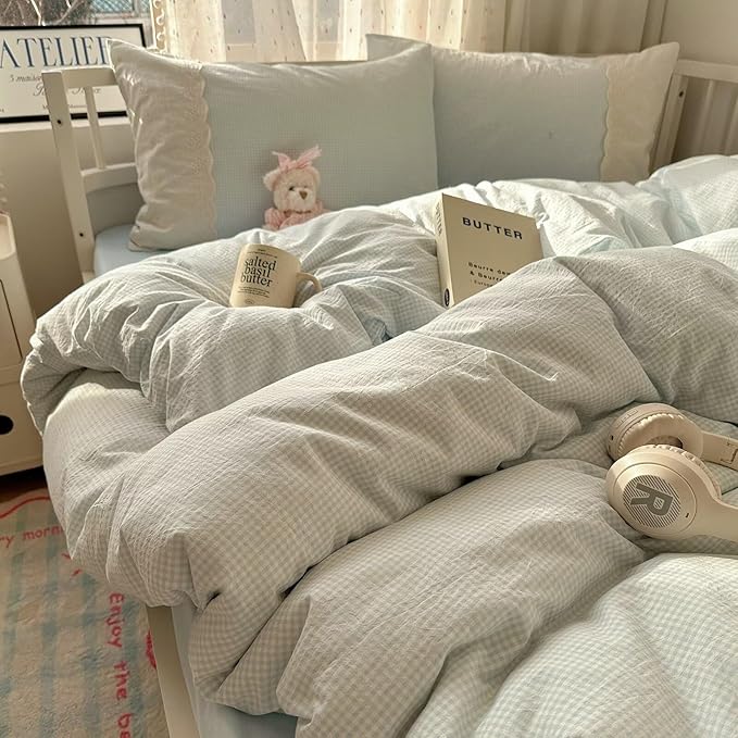 MKXI Blue Gingham Duvet Cover Set King Size by MKXI