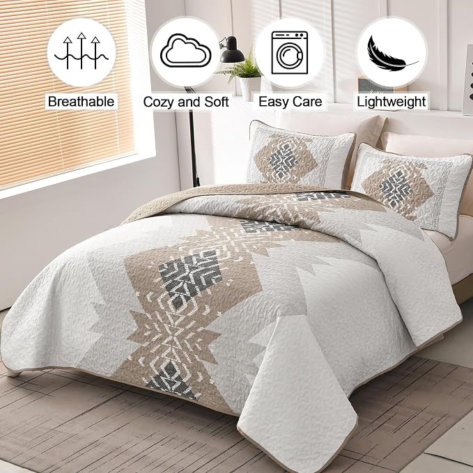 Dintszyayue Full Size Quilt Set Boho, 3 Piece Khaki Aztec Texture Bedspread - Image 2