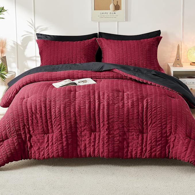 HYMOKEGE Red & Black Queen Comforter Set Seersucker 7 Pieces, All Season Luxury - Image 8