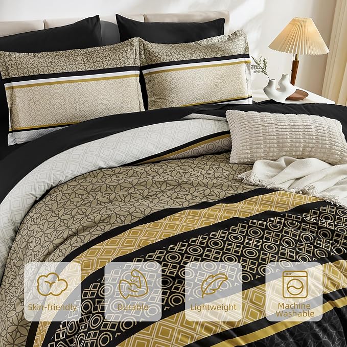 WONGS BEDDING Yellow Black Queen Comforter Set 7 Pieces, Boho Striped Bed in a - Image 4
