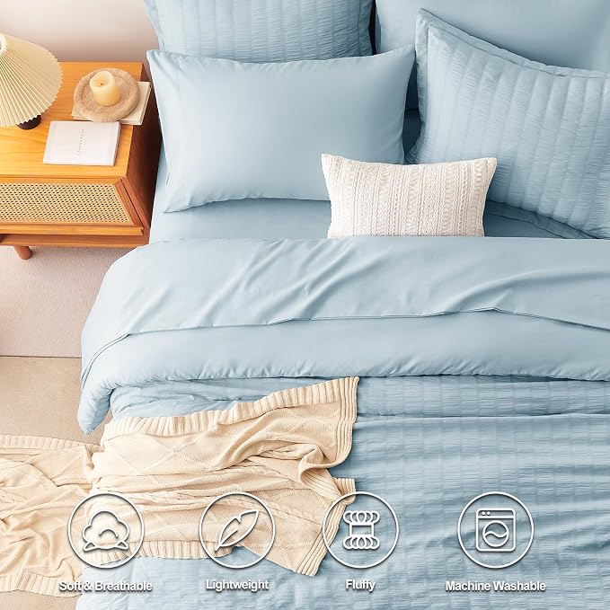 CozyLux King Size Comforter Set Light Blue Seersucker 7 Pieces Bed in a Bag - Image 2