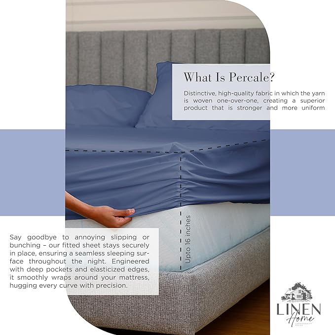 Linen Home 100% Cotton Percale Sheets King Size, Dark Blue, Deep Pocket - Image 4
