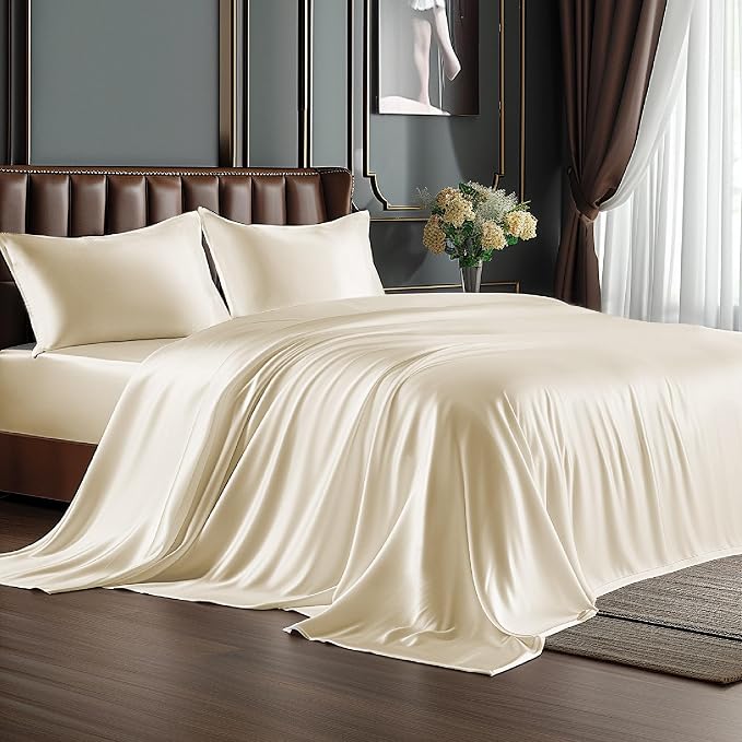 BEDELITE Satin Sheets Full Size Bed Set, Luxury Soft Beige Silky Sheet by BEDELITE