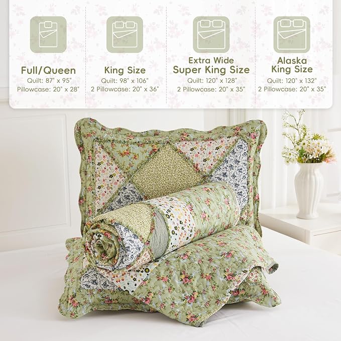 VIVILINEN Green Floral Patchwork Quilt Set 132x120 Alaska King Size Bedding Set - Image 6