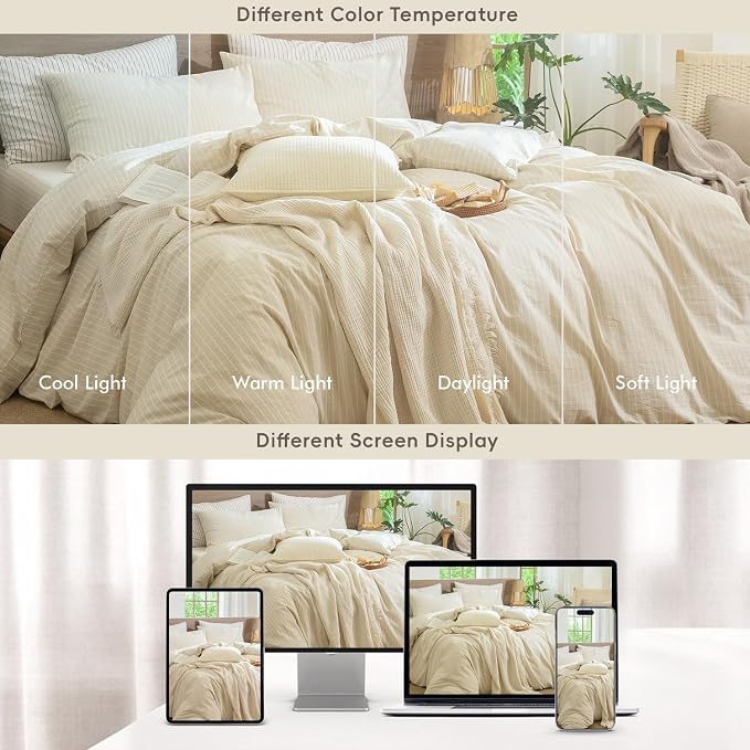 MooMee Striped Duvet Cover Set 100% Washed Cotton Linen Like Textured - Image 8
