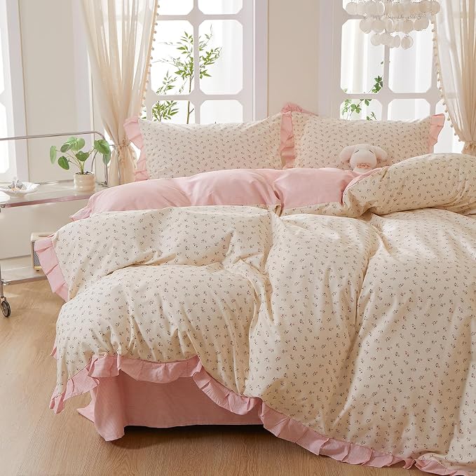 mixinni Pink Floral Duvet Cover Set Queen Size – 100% Cotton Ruffle Lace Bedding - Image 3
