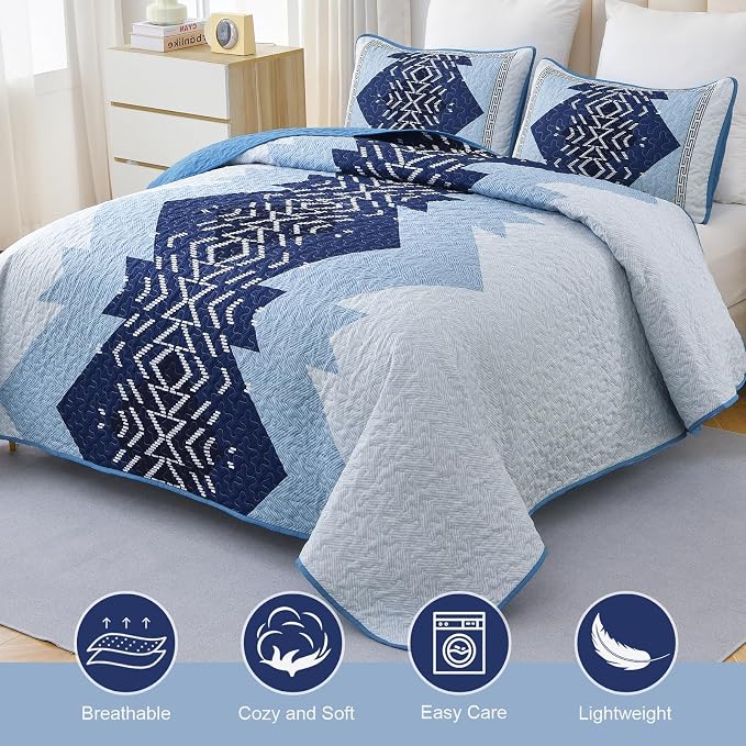 Dintszyayue Blue Quilt Set Queen Size, 3 Pieces Aztec Texture Bedding Coverlet - Image 3