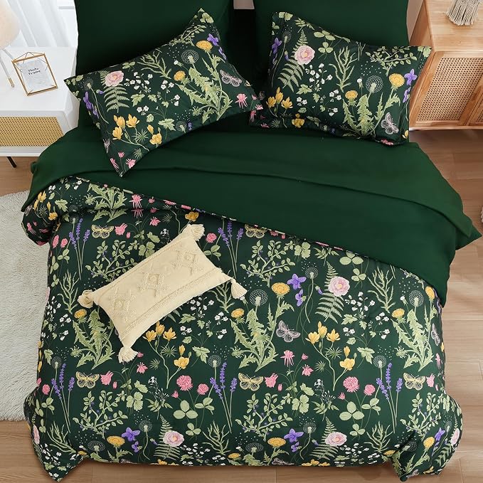 Yiran King Size Comforter Set 7 Piece, Dark Green Floral Bedding Set, Bed in a - Image 3
