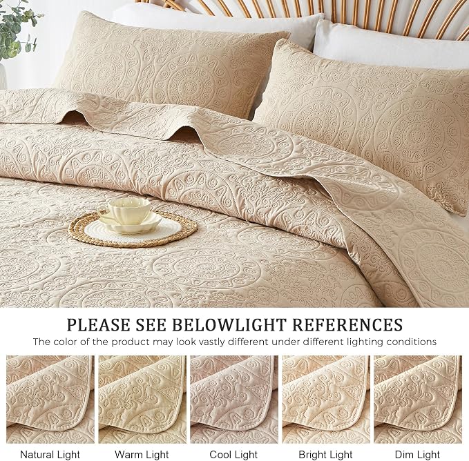 WURUIBO Beige Quilt Set Twin Size, Embossing Microfiber Bedspreads - Image 6