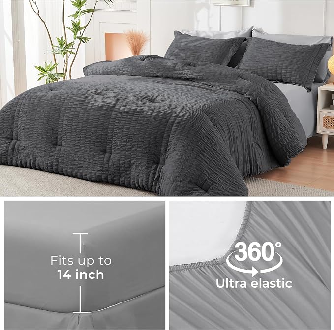HYMOKEGE Dark Grey/Light Grey King Size Comforter Set Seersucker 7 Pieces - Image 6