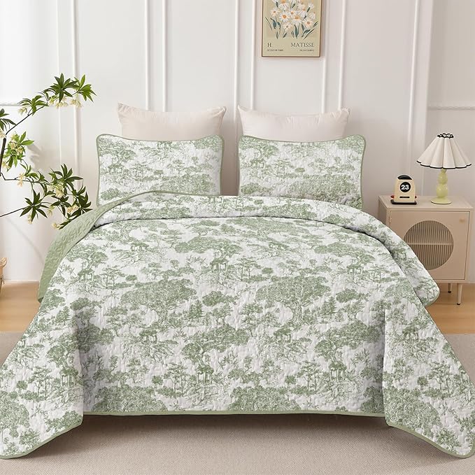 WONGS BEDDING Botanical Quilt Set California King Size, Sage Green 3 Pieces by WONGSBEDDING