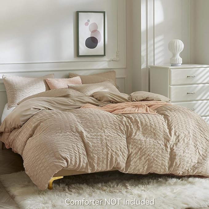 JELLYMONI Khaki Duvet Cover Twin Size, Soft Breathable Seersucker Duvet Cover - Image 3