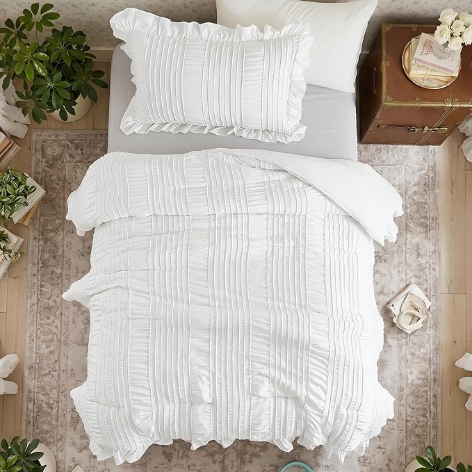 WONGS BEDDING White Comforter Set Twin, 3 Pieces Ruffle Shabby Chic Comforter - Image 6