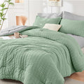 HYMOKEGE Sage Green/Light Grey Queen Comforter Set Seersucker 7 Pieces by HYMOKEGE