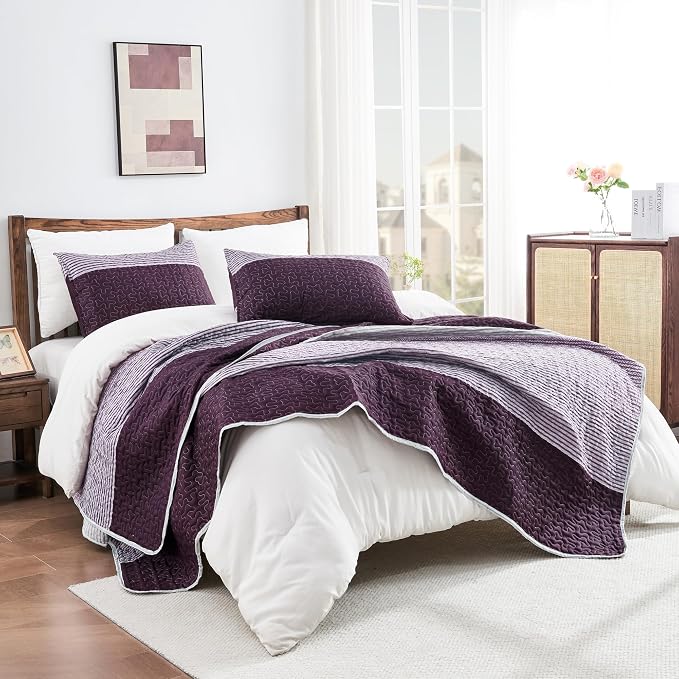 Andency Stripe Quilt Set Cal King, 3 Pieces Purple and Grey Striped Bedspread - Image 4