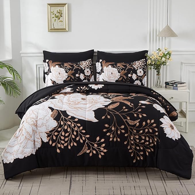 Yogeneg 7 Piece Bed in a Bag Full Size Comforter Set Botanical Floral Bedding by YOGENEG