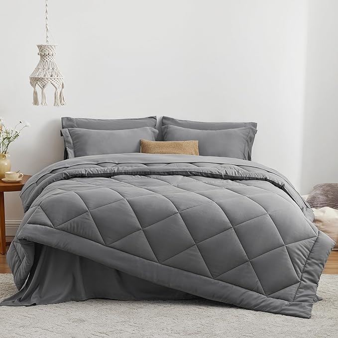 Love's cabin Full Comforter Set Grey, 7 Pieces Full Bed in a Bag, All Season - Image 2