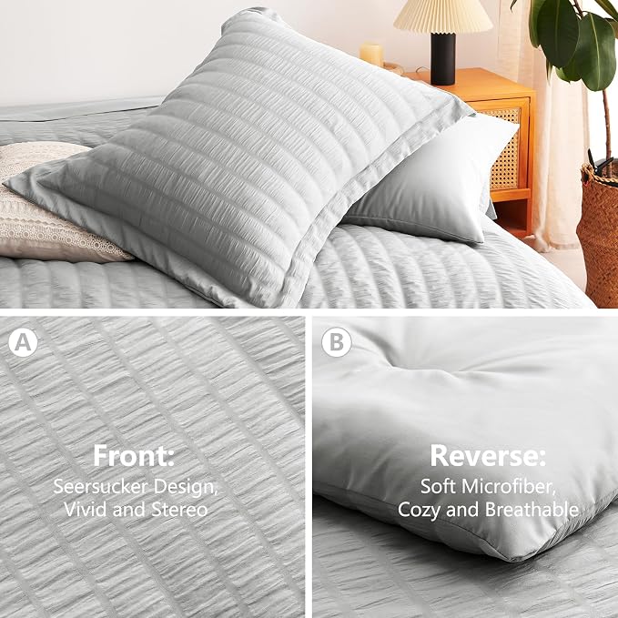 CozyLux Queen Comforter Set Light Grey Seersucker 7 Pieces Bed in a Bag Queen - Image 4